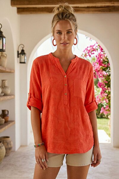 Chiccy Bluză casual din bumbac țesut, cu broderie, cu mânecă lungă, cu nastur...