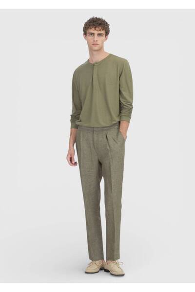 Ramsey Khaki Plain Woven Regular Fit Casual 100% Linen Trousers