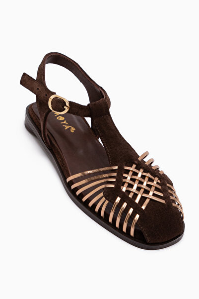Limoya Γυναικεία σανδάλια Kelly από γνήσιο δέρμα σε καφέ χρώμα με διχτυωτή λε...