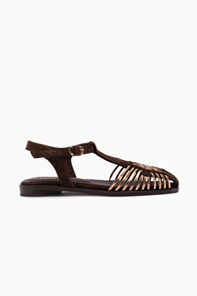 Limoya Kelly Genuine Leather Brown Lattice Detailed Belted Women's Sandals