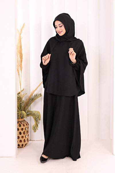 Bym Fashion Keten Sufleli Elbise Takım 6067 Siyah