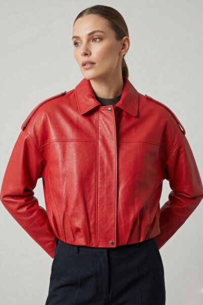 Deriderim Narçiçeği Oversize Crop Kemerli Omuz Apolet Detaylı Hakiki Deri Kad...
