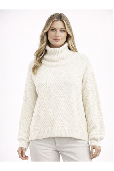 WOMENTİ Ecru Turtleneck Knitwear Sweater Women's Oversize Patterned Winter So...