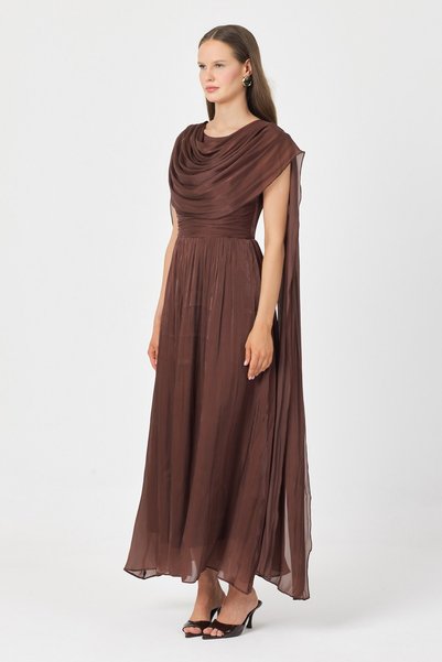 Diemmood Women's Shoulder Tulle Detailed Pleated Black Long Chiffon Dress
