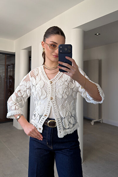 MAGARDE Natural Gold Buttoned Macrame Cardigan - White