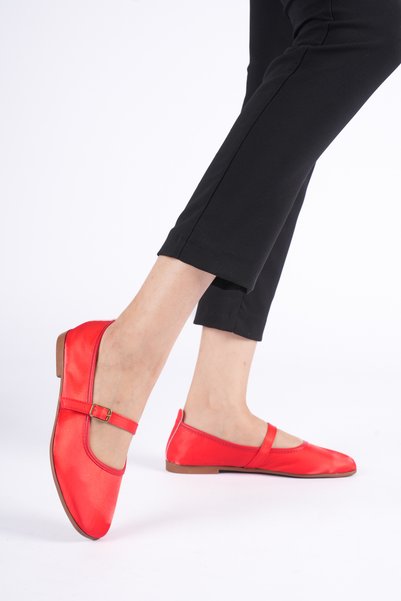 BENNU DERMO FASHİON Women's Satin Ballet Flats Red