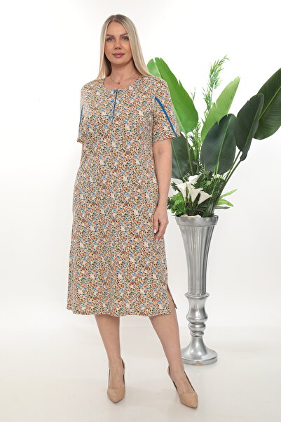 STELLETO Button Detailed Blue Stripe Garnished Flower Garden Patterned Midi L...