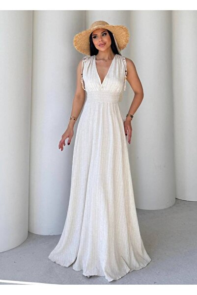 PİNK FLY Γυναικείο λινό φόρεμα με λαιμόκοψη V, λεπτομέρεια με κορδόνια και το...