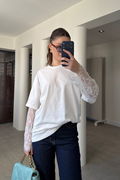 MAGARDE Μπλουζάκι Premium με Δαντελένια Λεπτομέρεια στα Μανίκια - ΛΕΥΚΟ