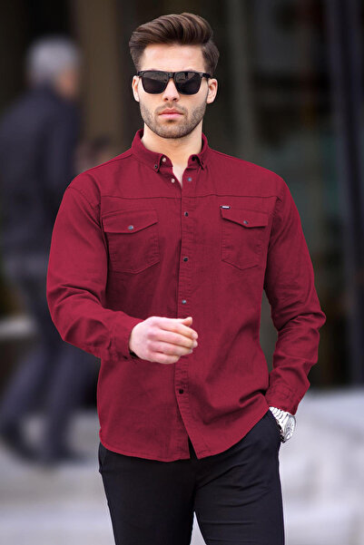 Madmext Ανδρικό πουκάμισο Βουργουνδίας Άνετης Εφαρμογής Γαμπαρντίνας 6810