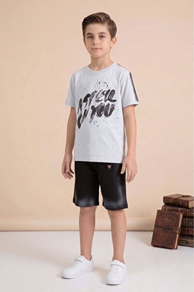 Cansın Mini Γκρι μπλουζάκι με στάμπα γκράφιτι και σορτς για αγόρια, σετ 2 τεμ...