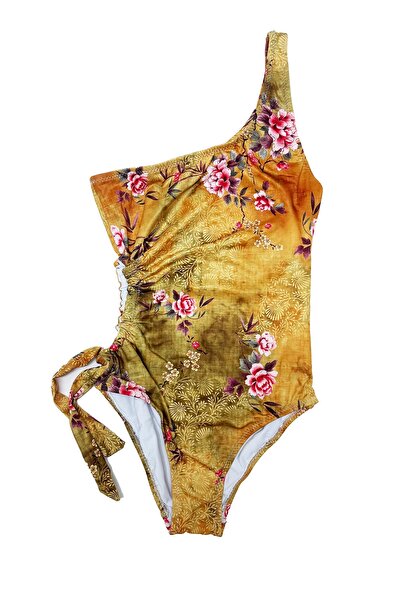 LOOK ME Ethnic Floral Design Asymmetrical Cut Drawstring Girls' Swimsuit