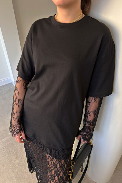 MAGARDE Μπλουζάκι Premium με Δαντελένια Λεπτομέρεια στα Μανίκια - ΜΑΥΡΟ