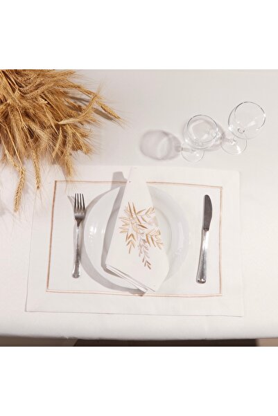 Dakakeen Concept Beige Linen Tablecloth Set with Branch Embroidery – 12-Piece...
