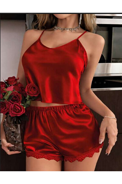 Bleu Petite Σετ πιτζάμες από κόκκινο σατέν ύφασμα με δαντελένιο σορτς