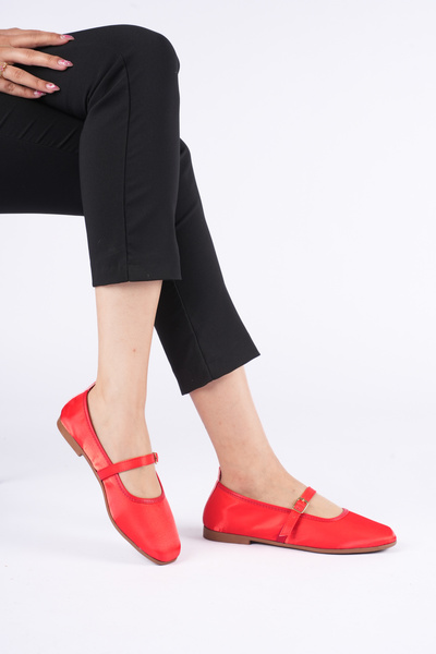 BENNU DERMO FASHİON Women's Satin Ballet Flats Red