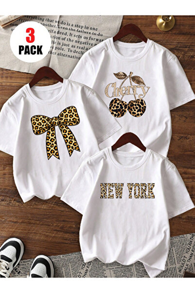 SUNFREE Σετ 3 τεμαχίων με στάμπα LEOPARD Collection Oversize Basic Λευκό T-shirt