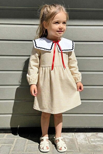 Monila Rochie cu mâneci lungi, cu dungi și detaliu fundă din bumbac pentru fete