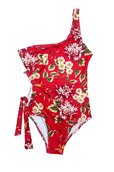 LOOK ME Vintage Floral Design Asymmetrical Cut Drawstring Girls' Swimsuit