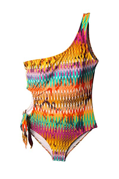 LOOK ME Multicolored Zig-Zag Asymmetrical Cut Side Tie Girls' Swimsuit