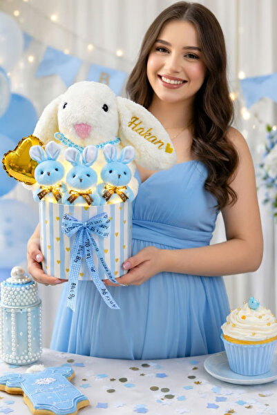 Solemia Kişiye Özel İsimli Tavşanlı Led Işıklı Mavi 3'lü Ayıcık Buketi – Baby Shower & Yeni Doğan Hediye
