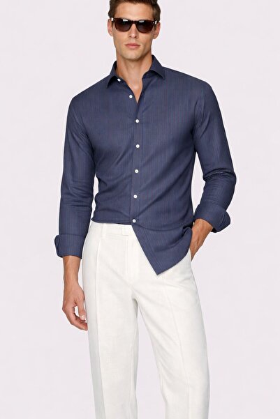 ilayda emir Ανδρικό πουκάμισο από 100% λινό σε σκούρο μπλε με λεπτές κόκκινες...