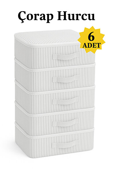 handanca 6 adet Çorap Hurcu Çizgili Kumaş Organizer Fermuarlı Saklama Hurcu Ç...