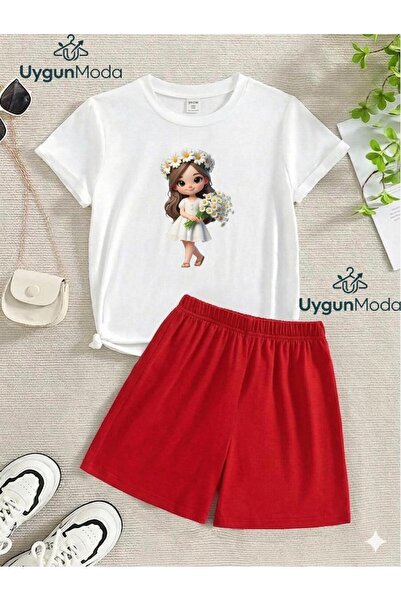 UygunModa PAPATYALI KIZ BASKILI T-SHİRT ŞORT YAZLIK ALT-ÜST ÇOCUK TAKIMI
