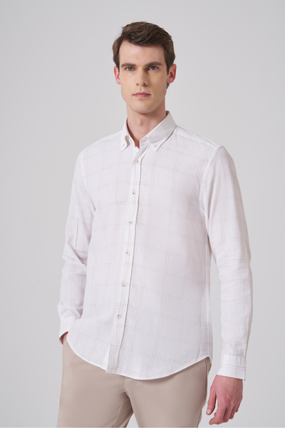 Morven Cămașă pentru bărbați, portocalie, din in, în carouri, cu croială dina...