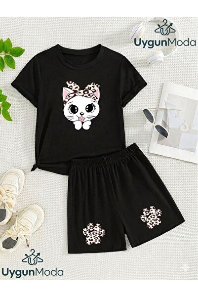 UygunModa One Cat Two Paws Printed T-Shirt Shorts Summer Children's Set