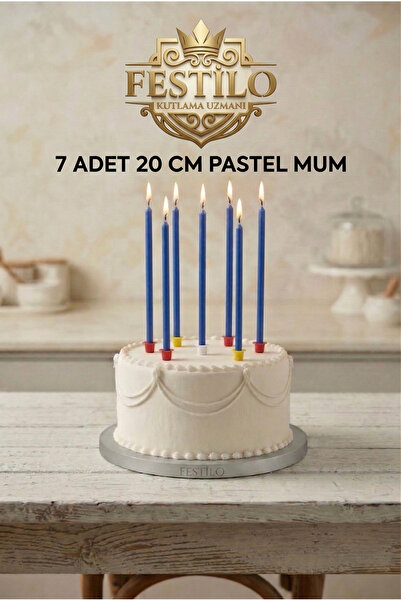 FESTİLO 7'Li Uzun Mum 20 Cm Pasta Mumu Mavi Pastel Renk Parti Malzemeleri Doğ...