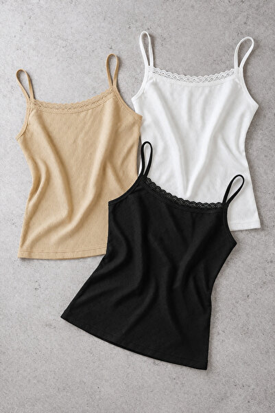 Demirsa Boutique Set de 3 maiouri cu bretele cu model, 100% bumbac, pentru fe...