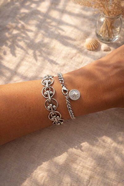 Mope Accessories مجموعة من 2 أساور فضية اللون من الفولاذ المقاوم للصدأ
