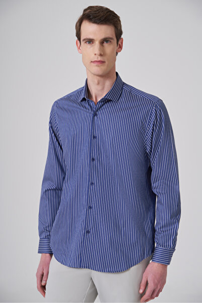 Morven Ανδρικό πουκάμισο με γιακά ιταλικού τύπου Navy Blue Cotton Trend Dynam...