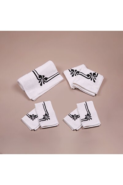 Dakakeen Concept White Cotton Towel Set with Black Embroidery – 7-Piece Moder...