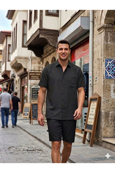 no4 style Textured Sofi̇a Linen 2-Piece Shirt Shorts Set