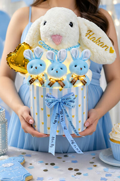 Solemia Kişiye Özel İsimli Tavşanlı Led Işıklı Mavi 3'lü Ayıcık Buketi – Baby Shower & Yeni Doğan Hediye