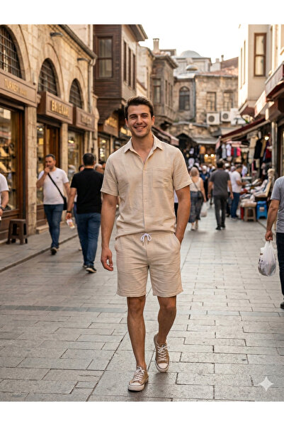 no4 style DOKULU SOFİA KETEN 2'Lİ GÖMLEK ŞORT TAKIM