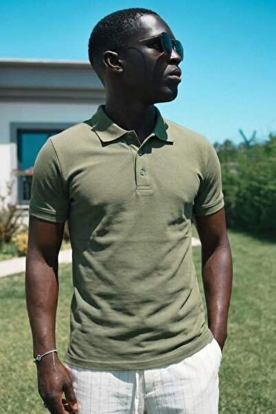 MATERIAL Ανδρικό βαμβακερό μπλουζάκι Comfort Khaki Polo με λαιμόκοψη