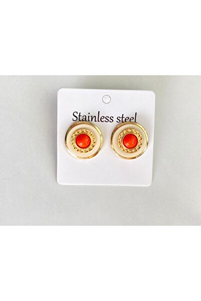 Ustaeller Steel Earrings Gold Colored Orange and Cream Detailed Round 316 L S...