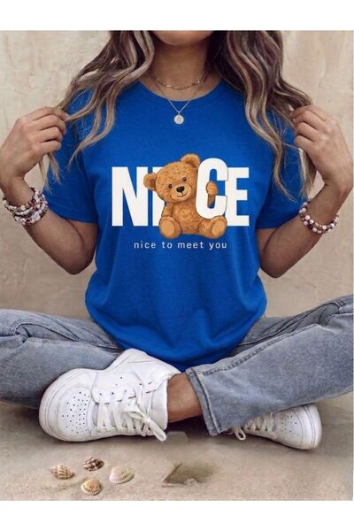 SİBELİZE تي شيرت كبير الحجم مزين بشخصية دب وطبعة 'Nice To Meet You'