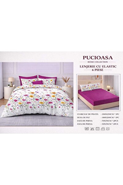 Pucioasa Double Bed Linen Set, 2 people, Sulfur, Cotton, Finet, 6 Pieces, wit...