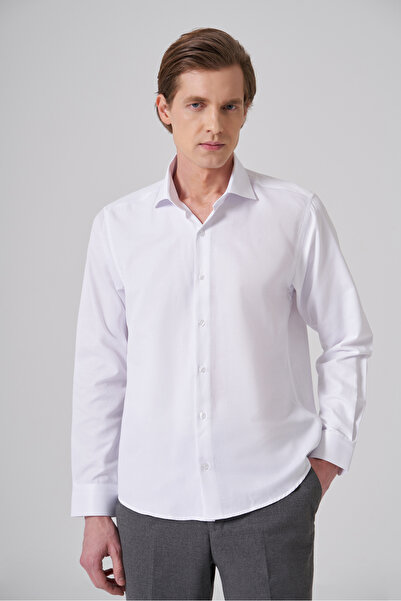 Morven Cămașă pentru bărbați, albă, din poliester, Trend Slim Fit, cu guler c...