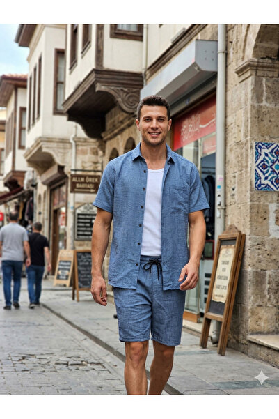 no4 style DOKULU SOFİA KETEN 2'Lİ GÖMLEK ŞORT TAKIM
