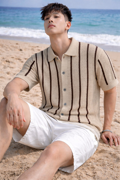 COOL TARZ Ριγέ Ανδρικό Πλεκτό Πουκάμισο με Γιακά Ζακέτα Καλοκαιρινή Άνετη Γραμμή