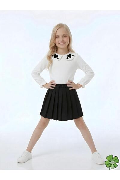 Lucky kidswear KALP DETAYLI GÖMLEK,PLİSELİ ETEK ALT ÜST KIZ TAKIM
