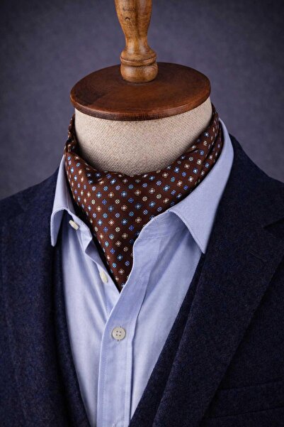 Kravatkolik Floral Pattern Brown Italian Silk Ascot Tie Sac56