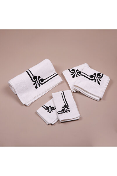 Dakakeen Concept White Cotton Towel Set with Black Embroidery – 5-Piece Elega...