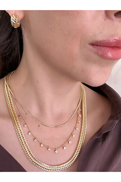 Bade Jewelry Vip Gold 3-Piece Stone & Mesh Detailed Stylish Necklace Combination