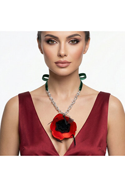 OEM Γυναικείο κολιέ με κόκκινο λουλούδι και ασημένια αλυσίδα, βελούδινη κορδέ...